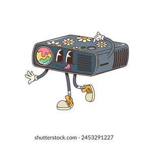 Cartoon retro groovy film projector character. Isolated vector movie cinema item personage, decorated with daisy flower stickers. Old, vintage cinematography equipment in hippie funky style