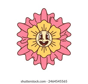 Cartoon-Retro-groovige Blume mit funkigem Comic glückliches Lächeln, Vektorgrafik Gesicht. Groovy Hippie Blume mit verrückt albern lustigen Gesicht in rosa oder gelben Blütenblättern, psychedelische Cartoon von Disco Rave und Hipster Pop Art