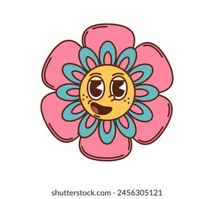 Cartoon retro groovy flower. Isolated vector vibrant, psychedelic daisy featuring vintage-styled swirling and colorful petals. Pink summer garden bloom evoking the spirit of 60s and 70s counterculture