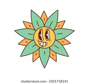 Cartoon retro groovy flower vector character bursts with psychedelic green and yellow colors, featuring exaggerated, swirling petals and a playful smile, embodying free spirit of the 60s and 70s vibes