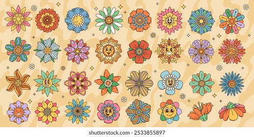 Cartoon retro groovy flowers with cute smiles and psychedelic patterns. Vector flowers characters and hippie floral emojis of summer daisy, zinnia and chamomile blossoms with funky geometric ornaments