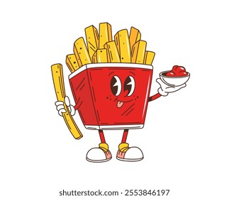 Cartoon retro groovy French fries fast food character with happy smile, vector emoji. Groovy potato fries with funny face, ketchup dip sauce and yummy tongue out for fast food kids menu character