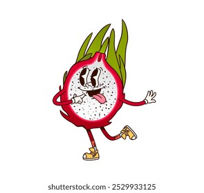 Cartoon retro groovy funny pitahaya dragon fruit character with funky face, comic vector. Groovy dragon fruit or pitaya with tongue out and quirky yummy smile expression for comic retro cartoon fruit