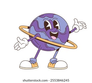 Cartoon retro groovy galaxy planet character. Isolated vector cheerful Saturn space personage with a wide smile, waving joyfully. Purple sphere circled by a ring, wearing trendy hippie sneakers