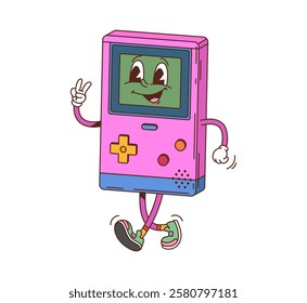 Cartoon retro groovy gamepad character. Isolated vector cheerful, vintage handheld gaming console device personage with happy face and vivid pink color, cheerfully walking and smile ready to play game