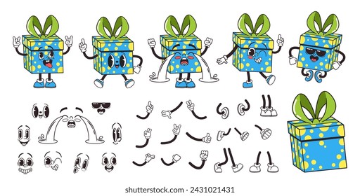 Cartoon Retro Groovy Gift Box Character Builder. Vector Collection Of 70s 60s-inspired Vibrant Comic Present Personage