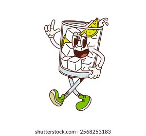 Cartoon retro groovy gin and tonic character. Isolated vector lively glass filled with ice cubes, lime slices, and splashing liquid, dancing with excitement. Funky alcohol drink personage exuding fun