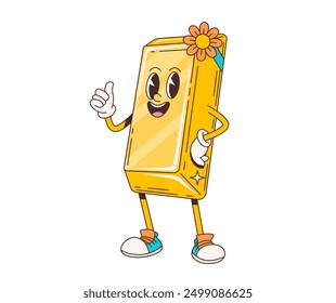 Cartoon retro groovy gold bar character. Isolated vector gleaming, anthropomorphic golden ingot personage with cheerful face, sparkling eyes and radiant smile, embodying wealth, prosperity and fortune