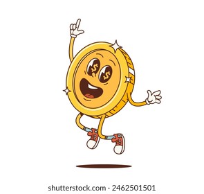 Cartoon retro groovy retro golden coin character with funky face smile, vector comic. Groovy funny casino jackpot golden coin with dollars in eyes and happy smiling face as cartoon groovy character