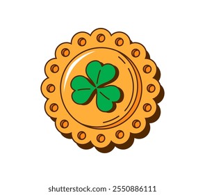 Dibujos animados retro groovy moneda de oro, día de San Patricio de vacaciones irlandesas símbolo de la suerte y la prosperidad. Oro de duende con signo de trébol. Moneda de Vector aislada con hoja de trébol y borde en forma de vieira