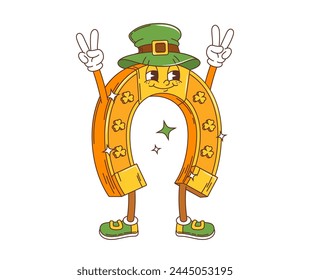 Cartoon retro groovy golden horseshoe character, saint patrick day holiday personage, symbol of luck and prosperity. Isolated vector sign of Ireland festival celebration, traditional fest and folklore