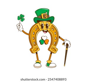 Cartoon retro groovy golden horseshoe character wearing a green top hat, holding a shamrock, and walking carrying a cane. Isolated vector happy St. Patricks Day personage celebrating luck and fun