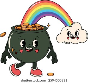 Cartoon retro groovy golden pot character with coins. Isolated vector playful cauldron personage celebrating St. Patrick Day holiday, symbolizing wealth and treasure, luck, happiness and prosperity