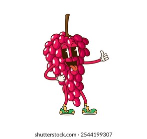 Personaje de frutas de uva groovy retro de dibujos animados con sonrisa funky en la cara, emoji de Vector. Groovy racimo de uvas con la expresión peculiar de la lengua hacia fuera y el pulgar hacia arriba gesto para la fruta cómica en 70 dibujos animados retro