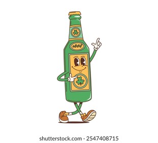 Cartoon retro groovy grüne Bierflasche Charakter für Saint Patrick Day Urlaub, Vektorfigur. Lustige groovy Bierflasche mit Shamrock Kleeblatt Label in 70er Jahre Hippie Art für St Patrick Day Urlaub