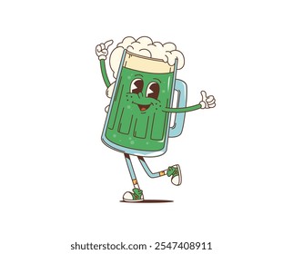 Personaje de cerveza verde groovy retro de dibujos animados para las vacaciones del día de San Patricio, personaje de Vector. Taza verde irlandesa divertida de la cerveza con la cara feliz y el pulgar para arriba en arte hippie de los años 70 para el día de fiesta de San Patricio