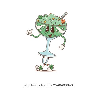 Personaje de postre de helado verde groovy retro de dibujos animados, personaje dulce del día de fiesta de San Patricio. Taza de cristal de Vector aislada con el helado suave y las salpicaduras del trébol para la celebración irlandesa del día de fiesta