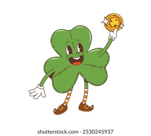 Cartoon retro groovy green shamrock clover leaf character, saint patrick day holiday personage. Isolated vector Irish lucky trefoil with funny smile, striped stockings and golden sparkling coin