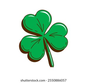 Cartoon retro groovy green shamrock clover leaf, saint Patrick day holiday symbol. Isolated vector symbol of luck, Irish celebration and folklore. Trefoil plant with nostalgic, vintage, hippie vibes