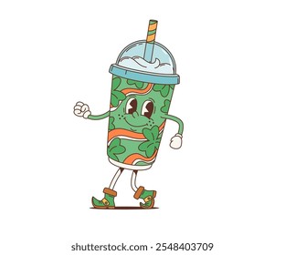 Personaje de cóctel de batido verde groovy retro de dibujos animados, bebida de vacaciones del día de San Patricio, personaje de bebida. Taza disponible de Vector aislada con la tapa y la paja de la bóveda para la celebración festiva irlandesa del acontecimiento