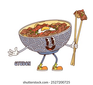 Caricatura retro groovy gyudon donburi personaje. Tazón de Vector aislado que sostiene los palillos y parece alegre. Personaje de comida divertida y caprichosa, plato tradicional japonés y cocina asiática