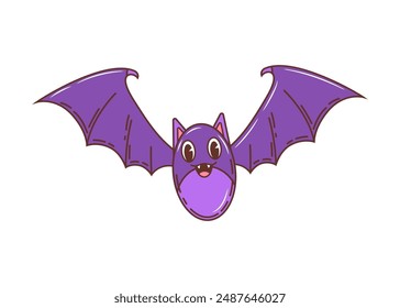 Cartoon retro groovy Halloween bat for horror night holiday, vector funky comic character. Groovy funny bat with happy smiling face and spooky fangs for Halloween holiday trick or treat party