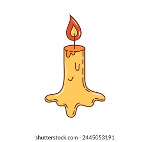 Cartoon retro groovy Halloween burning candle. Isolated vector sinister candle with dripping wax, and eerie lighting effect for a spooky holiday ambiance. Mysterious flame blazing in the night