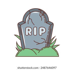 Cartoon retro groovy Halloween cemetery tomb, grave stone. Isolated vector graveyard building. Old cracked gravestone mausoleum, old memorial with RIP engraving. Ancient horror gothic tombstone