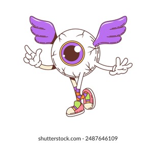 Cartoon retro groovy Halloween eye character for horror night holiday, vector comic. Groovy funky or hippie zombie dead eye with wings for Halloween trick or treat party spooky and scary emoji sticker