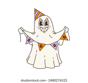 Cartoon retro groovy Halloween ghost character with trick or treat horror night party hat and pennant flags garland. Vector Halloween groovy monster personage of happy smiling ghost and white phantom