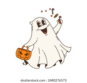 Caricatura retro magnífico personaje fantasma de Halloween con dulces truco o trato. Personaje de Vector Antiguas happy phantom o spooky white spirit con cesta de calabaza de Halloween, caramelos y piruletas