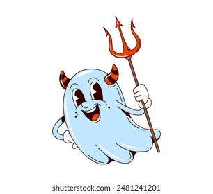 Cartoon retro groovy Halloween ghost character with trident. kawaii spook wearing red devil horns completed with pitchfork, for a whimsical party look. Cute vector charming personage in vintage style