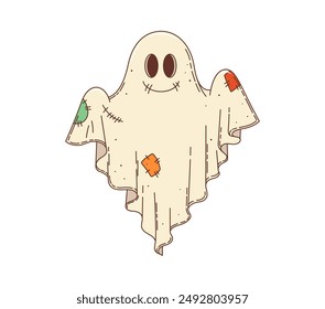 Cartoon retro groovy Halloween ghost with happy boo face, vector character. Halloween holiday horror night cartoon funny groovy ghost in bedsheet with patches and happy smiling funky face