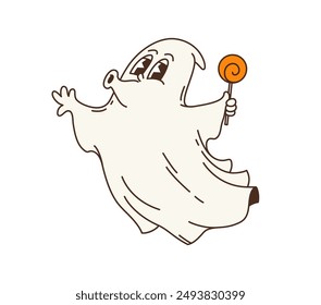 Cartoon retro groovy Halloween ghost character. Isolated vector mischievous and grinning spook, floats with a colorful lollipop in hand, whistle funky melody, spectral form celebrate spooky night