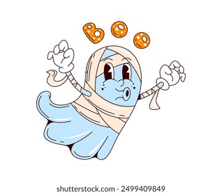 Cartoon retro groovy Halloween ghost character making boo, vector funny monster. Halloween holiday horror night cartoon groovy ghost in mummy costume and funky face with boo scare gesture