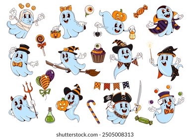 Cartoon retro groovy Halloween ghost characters with cute trick or treat night holiday costumes. Halloween boo ghost, phantom or spirit monsters vector personages with pumpkins, witch and pirate hats