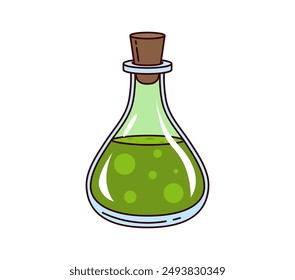 Cartoon retro groovy Halloween potion bottle. Isolated vector mystical glass flask, magic spell, alchemy or witchcraft vial with green bubbling liquid. Vintage wizard, witch or magician mystical brew