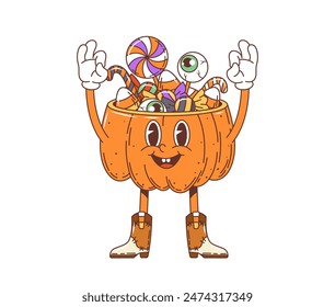 Cartoon retro groovy Halloween pumpkin as sweets bucket, vector funky comic character. Groovy funny pumpkin with happy face and monster candies for Halloween holiday trick or treat party character