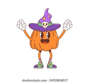 Cartoon retro groovy Halloween pumpkin character with boo face, vector monster. Halloween holiday horror night cartoon groovy pumpkin in witch hat with skull and funky face with boo scare gesture