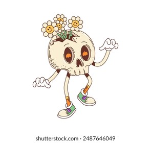 Cartoon retro groovy Halloween skull character for horror night holiday, vector comic face. Groovy funky skull of dead skeleton with zombie flowers and pumpkin eyes for Halloween trick or treat party