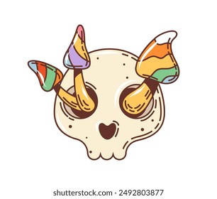 Cartoon retro groovy Halloween skull. Psychedelic cranium with trippy mushrooms growing through eye holes. Isolated vector surreal human skull in vintage hippie style merging life and death in nature