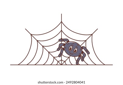 Caricatura retro araña personaje de Halloween groovy jugando sentado en su intrincado Web, exudando fantasía y encanto. Vector aislado lindo arácnido insecto monstruo personaje en telaraña en la noche de fiesta