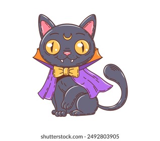 Caricatura retro genial bruja de Halloween gato, vestido como un vampiro. Vector aislado lindo gatito negro personaje animal con ojos amarillos y colmillos usando capa púrpura y pajarita. Felino juguetón y fantasmagórico