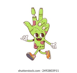 Cartoon retro groovy Halloween zombie hand character, vector funny monster. Halloween holiday horror night groovy funky dead zombie hand with vampire fangs for trick or treat party boo character