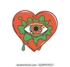 Cartoon retro groovy heart with eye. Vector hippie love symbol, trippy red heart with green paint splash and drops, wide open rainbow eye, psychedelic color pattern and sparks, funky hippy tattoo