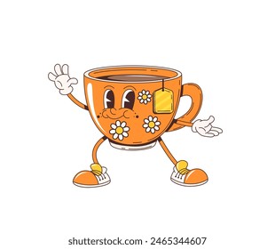 Cartoon retro groovy herbal tea cup character with funky face, vector 70s hippie or comic art. Groovy cartoon funny tea cup or mug with teabag and daisy flowers ornament with happy emotion smile