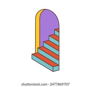 Cartoon retro groovy hippie colorful staircase with an arched doorway. Isolated cartoon vector surreal ladder in vivid tones, bold outlines, and a whimsical style, capturing the essence of vintage art