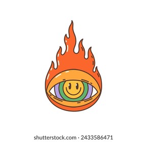 Cartoon retro groovy hippie eye with fire flames in 60s and 70s art, vector symbol. Hippie groovy eye and fire flame sign with smile in rainbow in groovie funky cartoon style for sticker