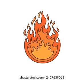 Cartoon retro groovy hippie fire flames. Isolated vector vibrant, psychedelic blaze, symbol of free spirit and energy of the 1960s, blending orange, red, and yellow colors and fluid, wavy tongues