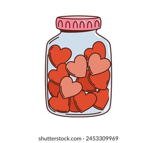 Cartoon-Retro-groovige Hippie-Glas mit Liebesherzen, Vektorgrafik-Ikone für Valentine oder Hochzeit. 70er Jahre Hippie und groovige Cartoon Funky Art of Hearts in Glas für Liebesaufkleber und Hipster T-Shirt Print